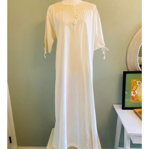 Antique Hand Stitched Ivory Cotton Gown Slip Dress w/Crocheted Bodice & Sleeves